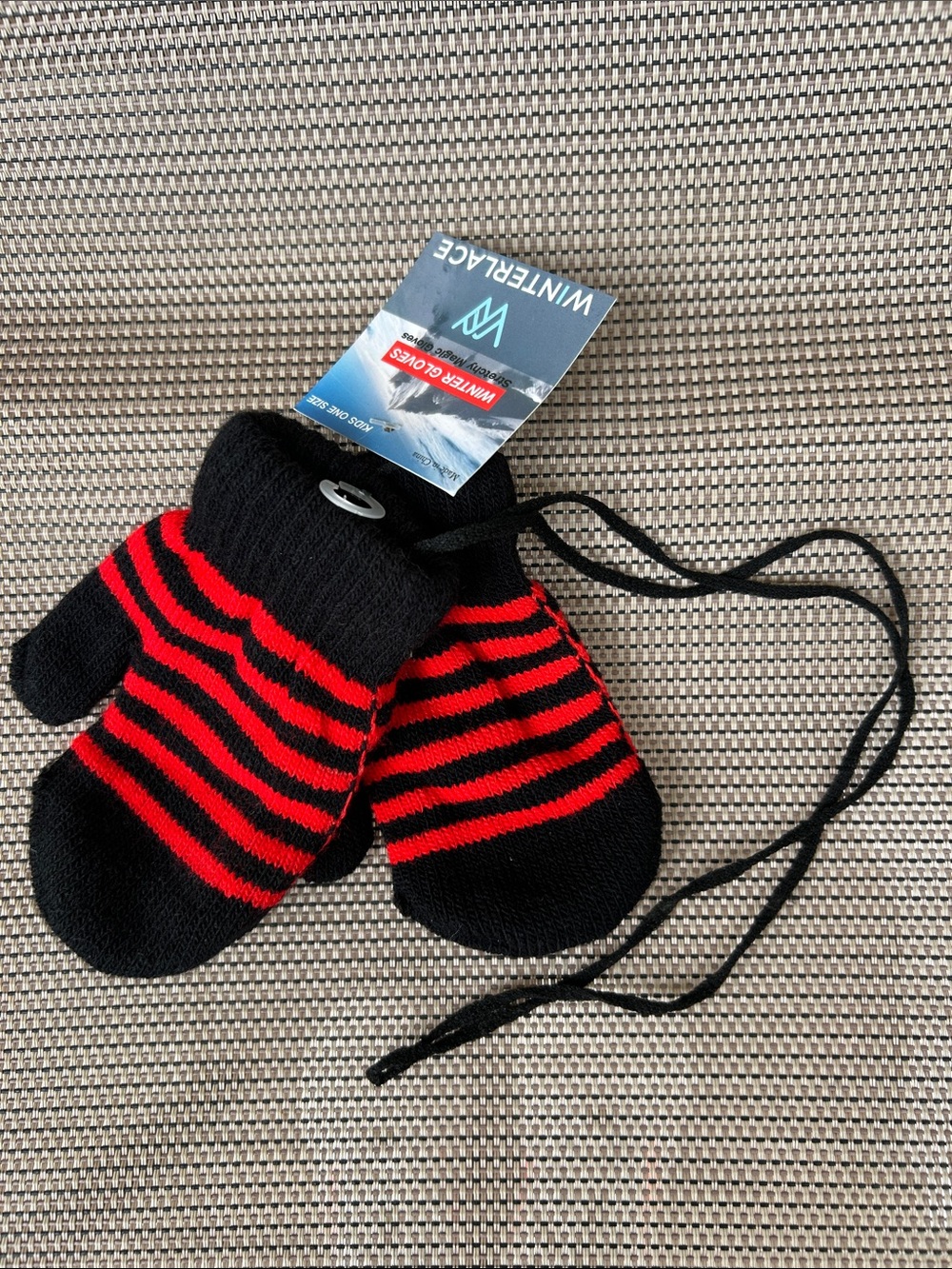 WinterKids Red & Black Striped Mittens with String